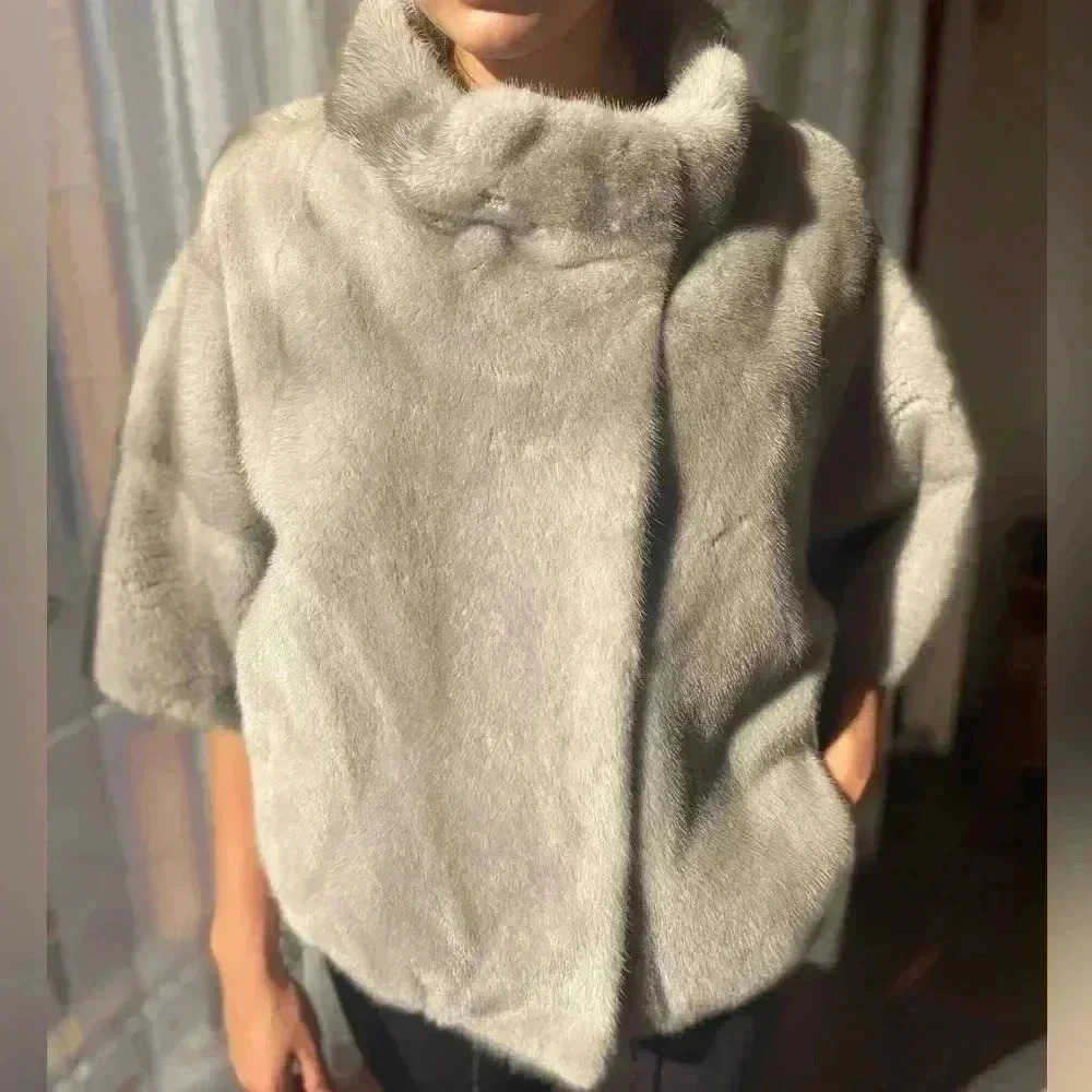Luxury Real Mink Fur Short Jacket Silver/Gray No Dyes‎ 3/4 Sleeves Size S/M